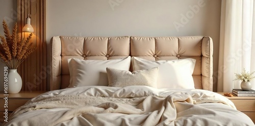 Cozy bedroom scene featuring a headboard made entirely of plush cushions in various shades of beige and cream, offering a relaxed and luxurious feel , texture, soft furnishings