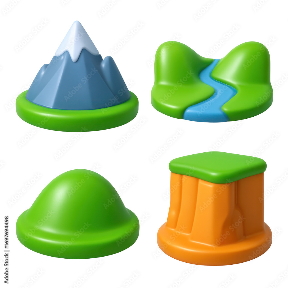 Fototapeta premium 3D Plastic Icon Style Illustrative Landscape Elements with Green Hills Blue Mountains and Orange Cliff Faces