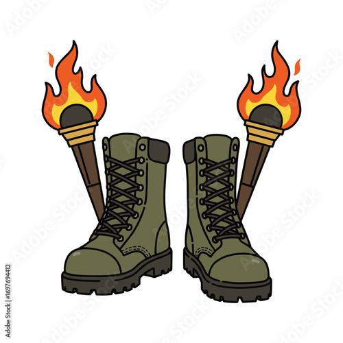 Hiking boots and torches: adventure gear with flames – stock vector flat illustration