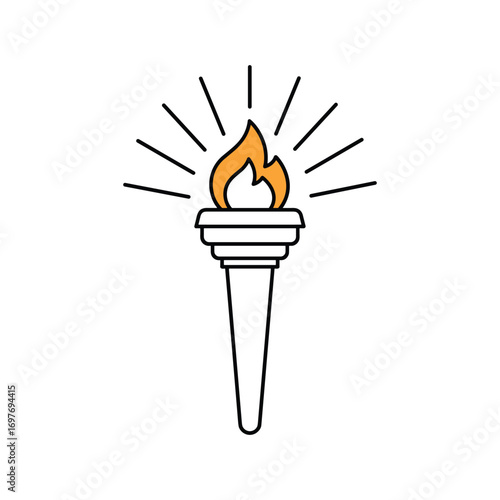 Flaming torch icon with radiating light lines – stock vector flat illustration