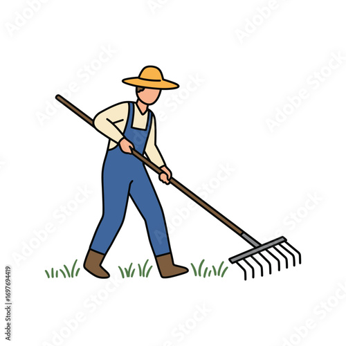 Cartoon caucasian male adult farmer in overalls with rake – stock vector flat illustration