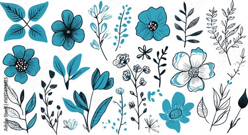 Collection of hand drawn blue watercolor flowers and botanical elements with delicate line art details