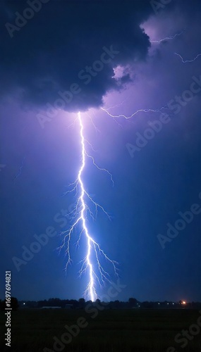 Dramatic shot of a powerful lightning bolt striking during a summer thunderstorm, illuminating the dark sky with intense light and energy , dark, natural phenomenon