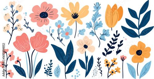 Collection of hand drawn colorful wildflowers and leaves in a whimsical artistic style