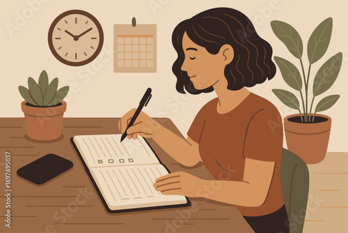 Woman Writing in Planner – Productivity & Time Management Vector