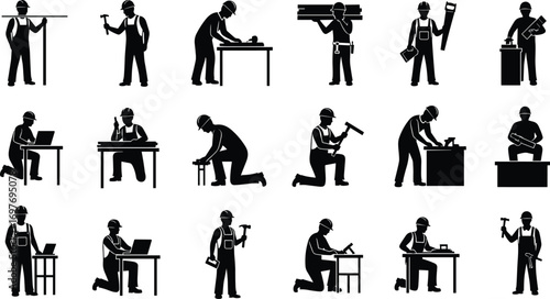 Silhouettes of Construction and Carpentry Workers Using Tools and Computers in Various Working Poses for Industrial and Technical Design