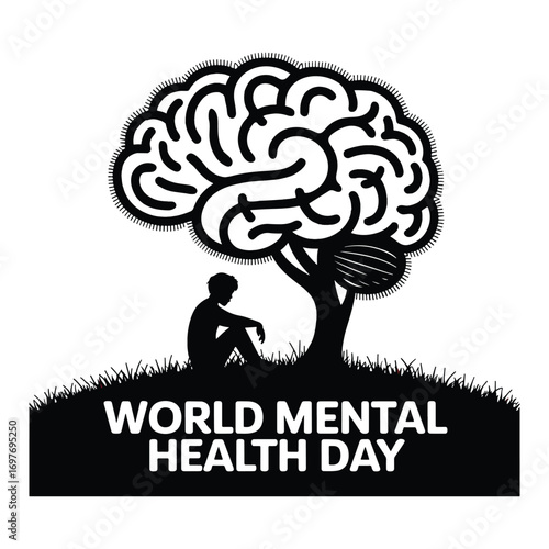 World Mental Health Day Brain Tree Illustration with Silhouette Design
