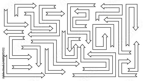 Black outline arrows showing direction right left up down vector illustration, Vector line art arrow set, Outline arrow shapes vector black and white, Collection of arrow direction on white background