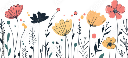 Whimsical hand drawn wildflowers and delicate botanical elements create a charming border on white background