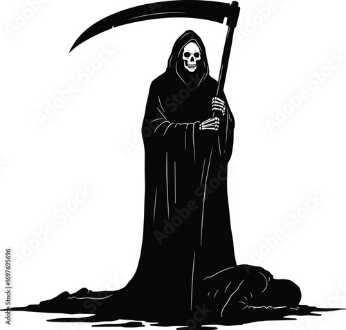 Grim Reaper with Scythe Standing Over Body Silhouette, Death and Horror Concept, Halloween Gothic Vector Illustration in Black