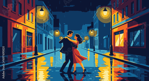 A romantic couple dancing tango in the rain on a wet city street illuminated by streetlights at night.