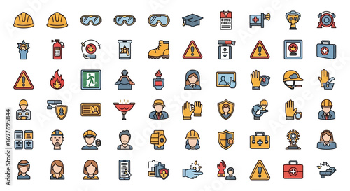 Collection of colorful safety icons, depicting various protective gear, warning signs, and personnel.