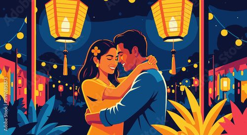 A loving couple embraces under glowing lanterns at a vibrant night festival in a colorful illustration style.