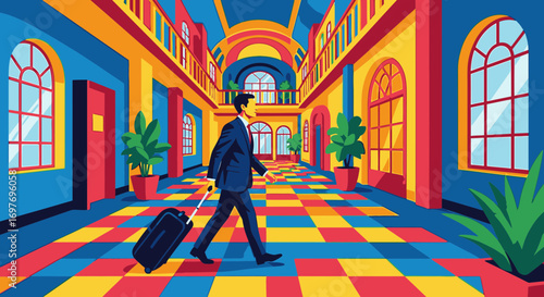 A businessman in a suit walks with his luggage through a vibrant, colorful hotel lobby with bold, graphic architecture.
