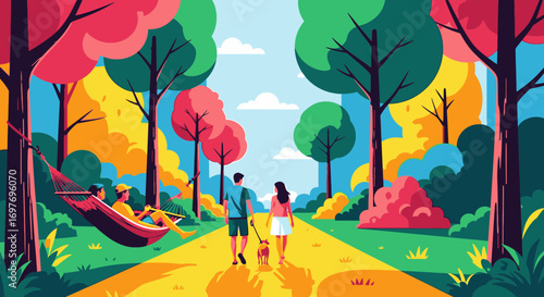 A colorful illustration of people enjoying a vibrant park, with a couple walking their dog and a person relaxing in a hammock.