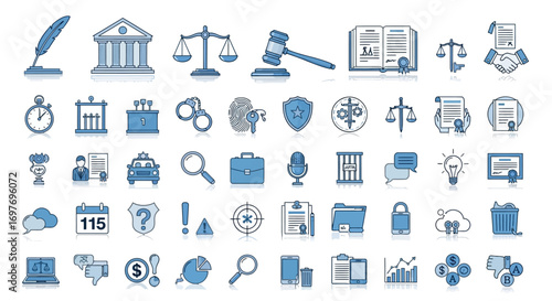 A collection of various law, justice, and legal system related icons in a blue and white color scheme.