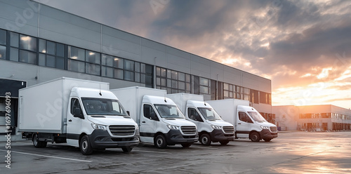 Fleet of delivery trucks parked by a distribution center, ready for expedited shipping