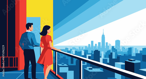 A couple in a modern graphic illustration style stands on a high-rise balcony, looking out over a vast city skyline at dawn.