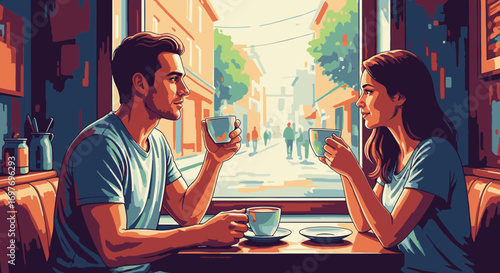 A young couple enjoys a coffee date, sitting by a window in a cozy, sunlit cafe.