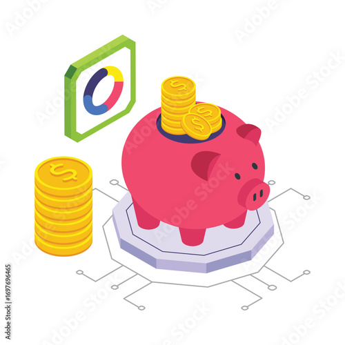 Piggy Bank isometric vector illustration.