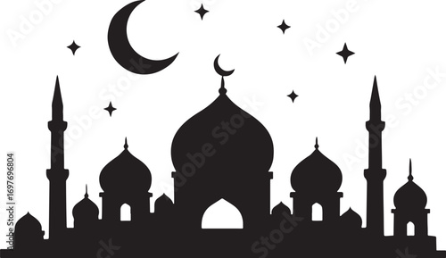 Silhouette vector of mosque skyline at night for Islamic art, decoration, and creative projects.
