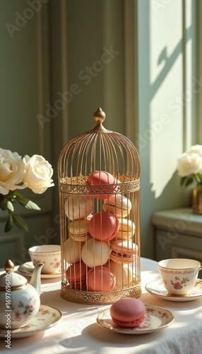Wallpaper Mural Elegant display of macarons in decorative birdcage with teacups Torontodigital.ca