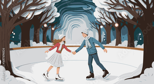 A romantic couple holds hands while ice skating on an outdoor rink surrounded by snowy trees.