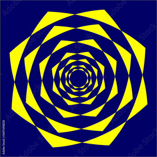 A hypnotic spiral of alternating yellow and deep blue polygons, expanding outward in layers, creating endless depth and mesmerizing motion.