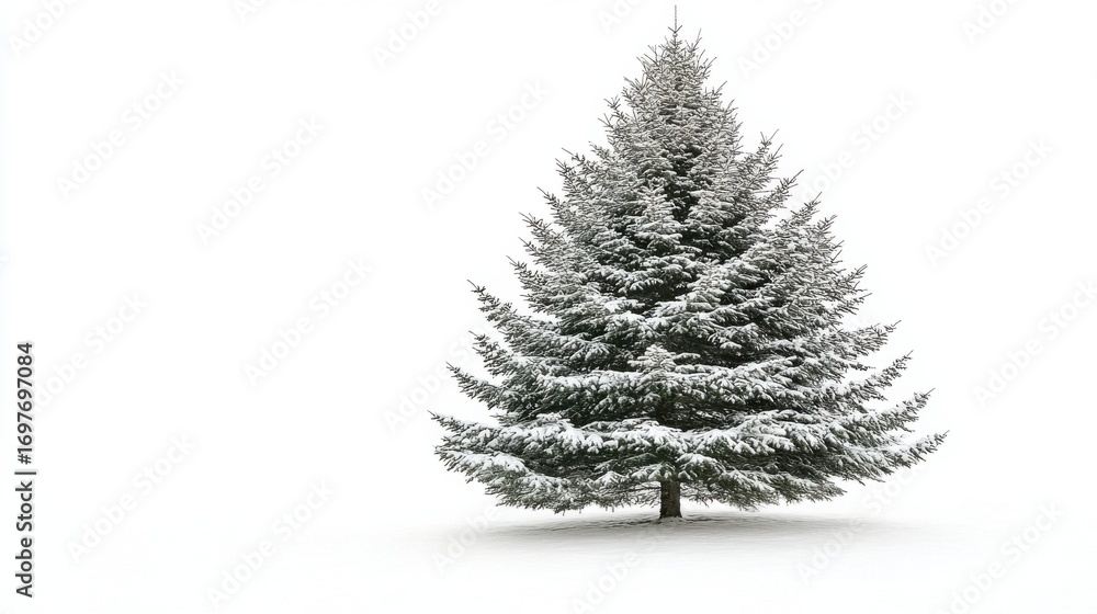 Fototapeta premium Snow-covered evergreen tree in serene winter landscape