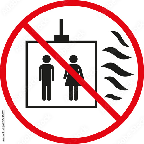 Do not use lift in the fire. A sign with instructions on what to do in case of fire. No elevator sign icon. Flat vector element of ban, prohibition, forbid icon. 