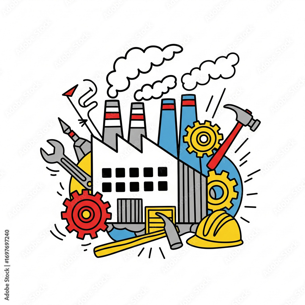 Obraz premium Industrial Factory with Tools and Gears Doodle Illustration