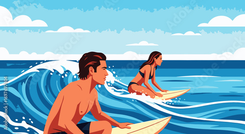 Illustration of a young man and woman sitting on surfboards in the ocean waiting for waves under a blue sky.