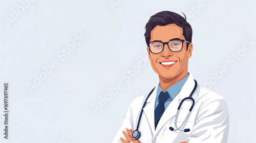Male doctor wearing white lab coat and glasses with stethoscope around neck, vector illustration for landing page, banner, marketing, and web design, Ai generate 