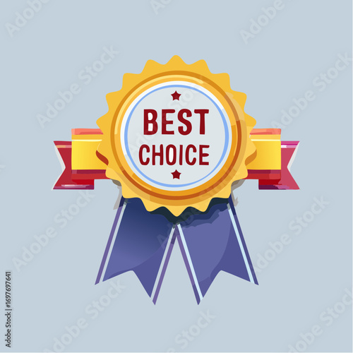 Gold Medal With Red Ribbon And Best Choice Text On Light Blue Background