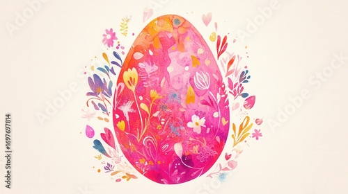 Large pink egg decorated with watercolor flowers on beige background
