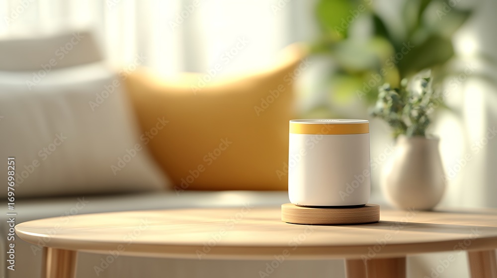 Fototapeta premium A modern, minimalist smart device rests on a wooden table in a bright, sunlit living room