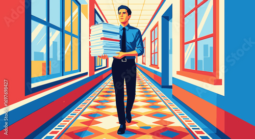 A businessman in a blue shirt and tie carries a large stack of papers while walking down a colorful, stylized office hallway.
