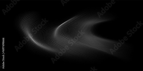 Flowing dots particles wave pattern white light isolated on black background. Vector in concept of technology, science, music, modern.