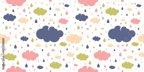 Colorful Cloud nad Rain Seamless Pattern Vector