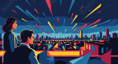 A couple gazes at a vibrant, futuristic city skyline with colorful streaks of light in the night sky, an illustration of progress and innovation.