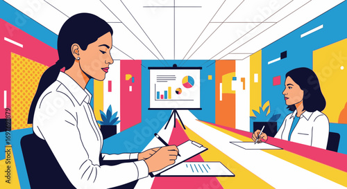 Two businesswomen in a colorful modern boardroom during a data presentation with charts and graphs on a screen.