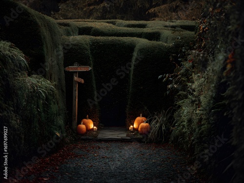 Dark Mysterious Hedge Maze Entrance with Illuminated Pumpkins and Candlelight During Autumn Night