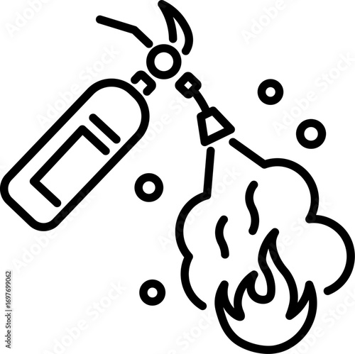 Vector of fire extinguisher outline. Fire Extinguisher Usage line art vector with Flames. Usage of fire extinguisher to put out fire with smoke