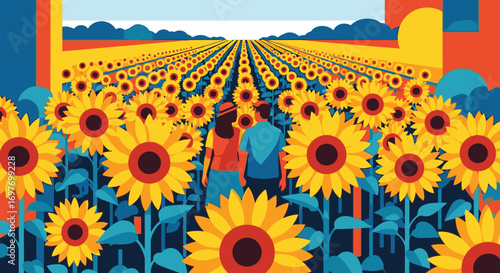 A stylized illustration of a couple from behind, admiring a vast and vibrant field of sunflowers.