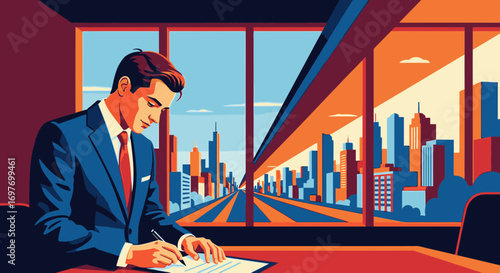 A businessman in a suit diligently signs a document at his desk in a modern office overlooking a stylized city skyline.