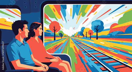 A couple on a train journey looking out the window at a vibrant, abstract, and colorful landscape.