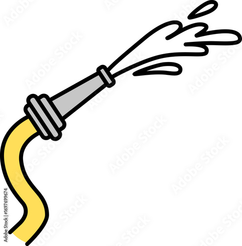 Hose pipe spray nozzle icon. vector illustration of a gas pump nozzle. garden hose with nozzle. fuel pump nozzle for refueling vehicle. A coiled yellow garden hose with a nozzle spraying water.