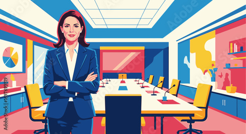 A confident businesswoman in a blue suit stands with arms crossed in a modern, colorful boardroom illustration.