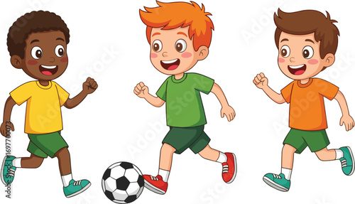 Happy kids playing soccer together, diverse children running and kicking a ball, outdoor sports activity, teamwork and fun
