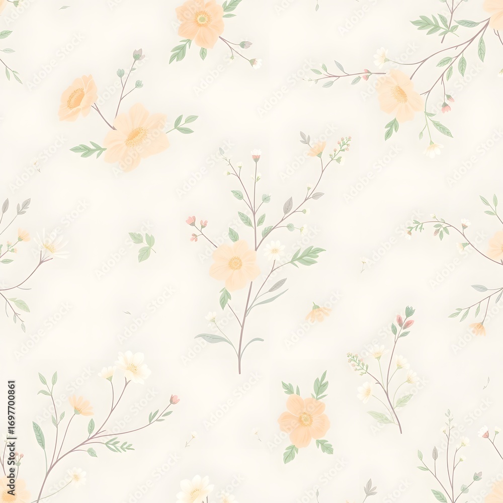 Fototapeta Seamless vintage floral pattern with pink blossoms and green leaves